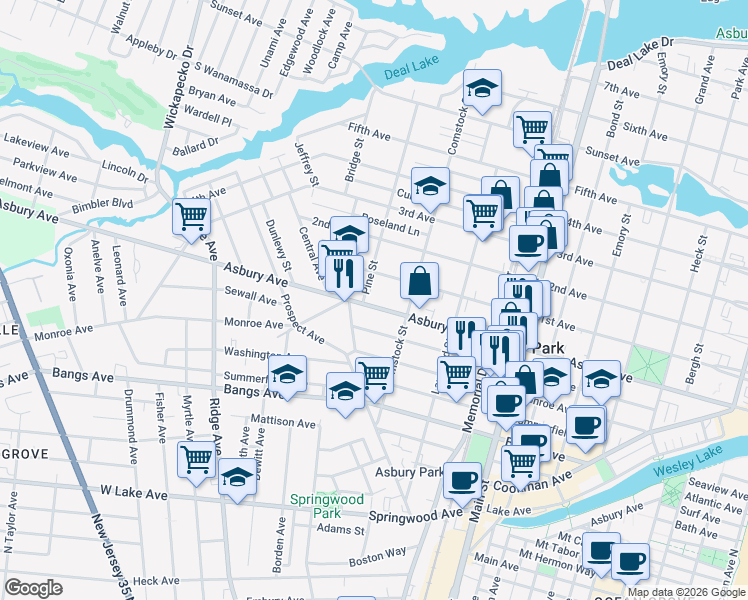 map of restaurants, bars, coffee shops, grocery stores, and more near 1120 1st Avenue in Asbury Park