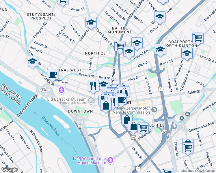 map of restaurants, bars, coffee shops, grocery stores, and more near 26 Hanover Place in Trenton