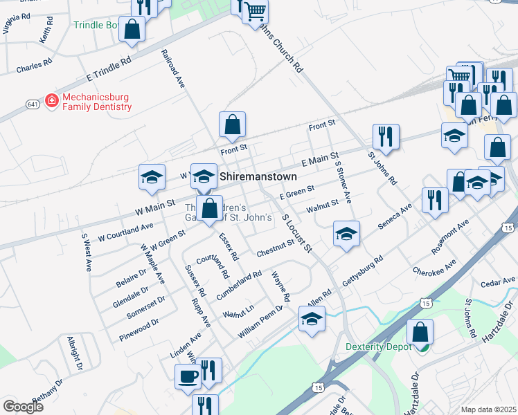 map of restaurants, bars, coffee shops, grocery stores, and more near 10 East Green Street in Shiremanstown