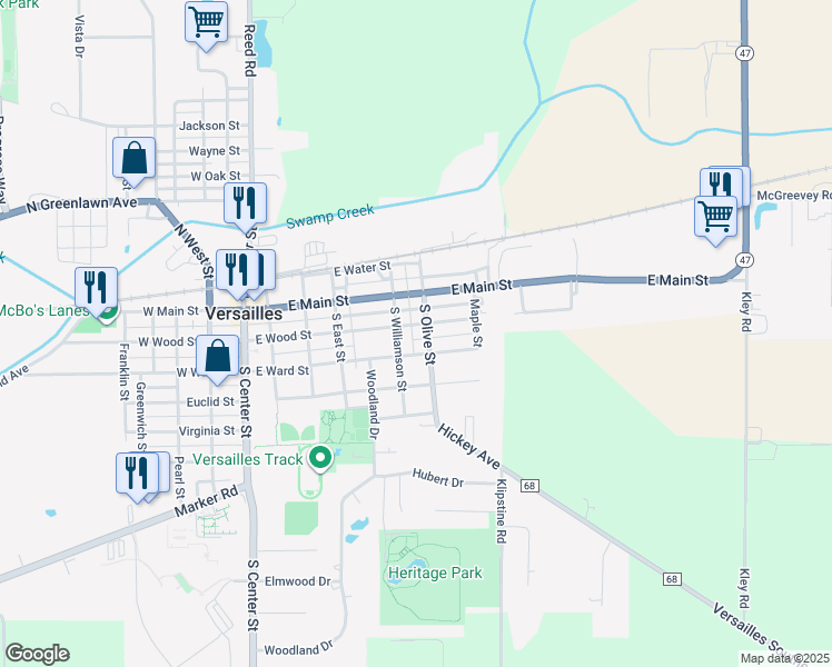 map of restaurants, bars, coffee shops, grocery stores, and more near 536 East Wood Street in Versailles