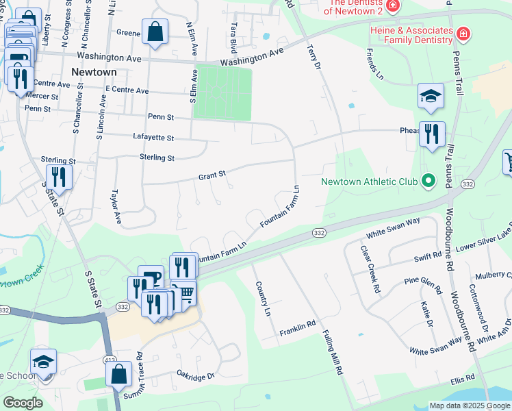 map of restaurants, bars, coffee shops, grocery stores, and more near 37 Kanon Court in Newtown