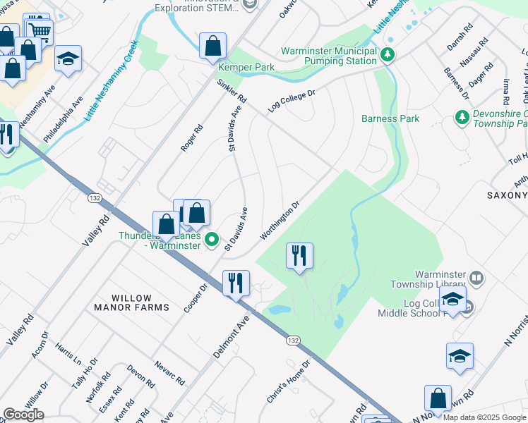 map of restaurants, bars, coffee shops, grocery stores, and more near 739 Pelham Avenue in Warminster