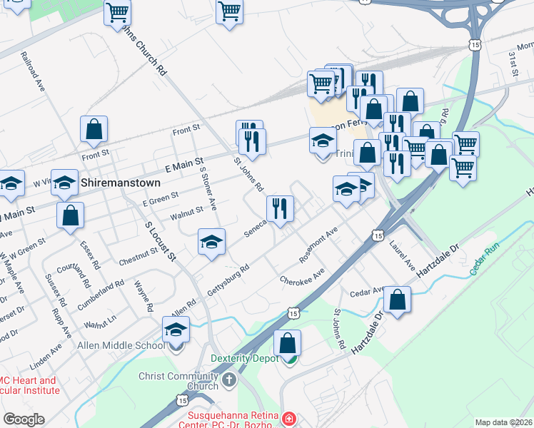 map of restaurants, bars, coffee shops, grocery stores, and more near 4012 Seneca Avenue in Camp Hill
