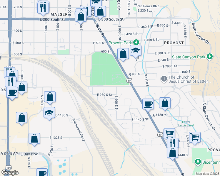 map of restaurants, bars, coffee shops, grocery stores, and more near 850 East 900 South in Provo