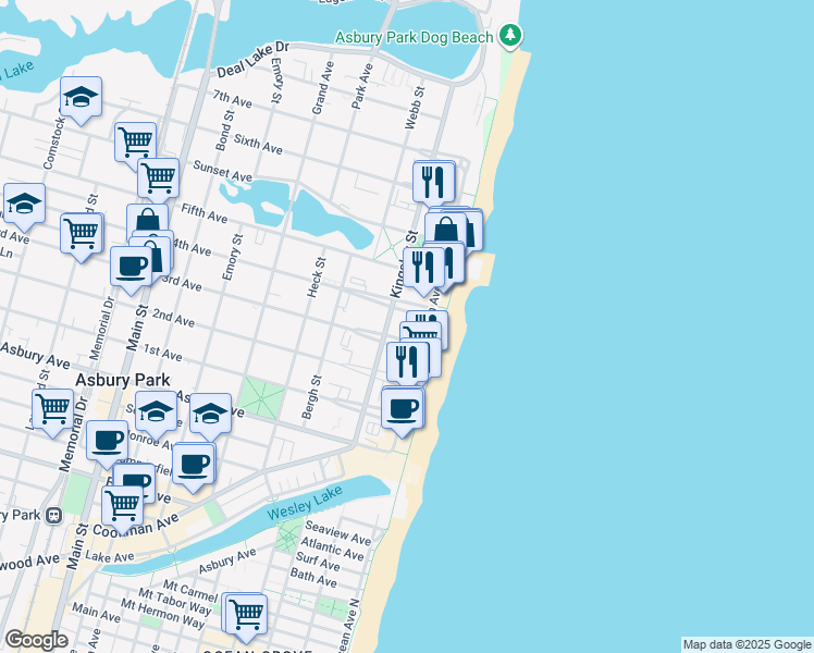 map of restaurants, bars, coffee shops, grocery stores, and more near in Asbury Park