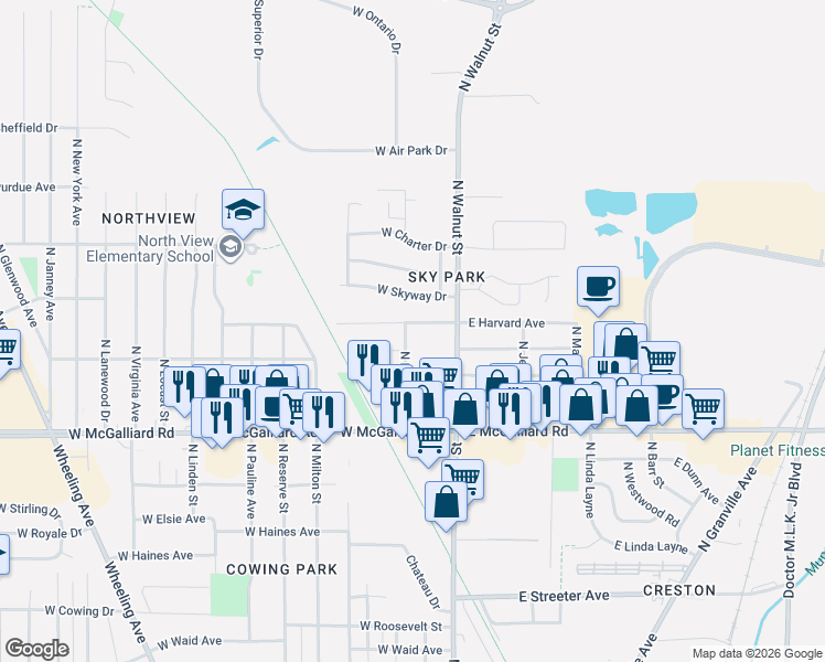 map of restaurants, bars, coffee shops, grocery stores, and more near 300 West Harvard Avenue in Muncie