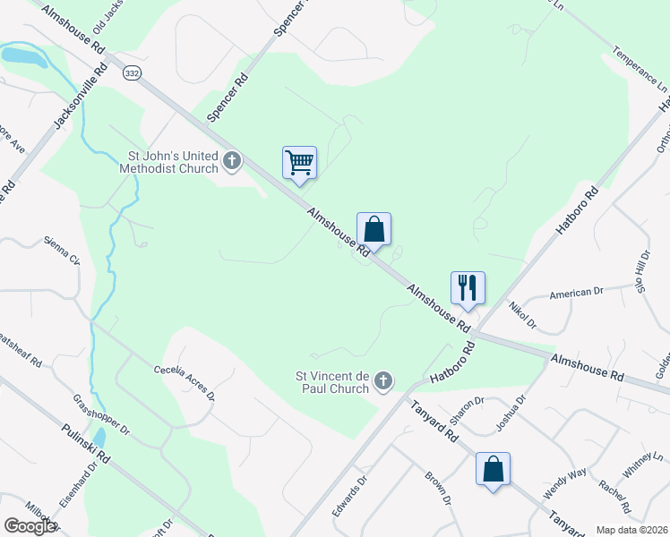 map of restaurants, bars, coffee shops, grocery stores, and more near 631-699 Highway 332 in Warminster