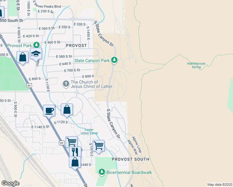 map of restaurants, bars, coffee shops, grocery stores, and more near 932 South Aspen Place in Provo