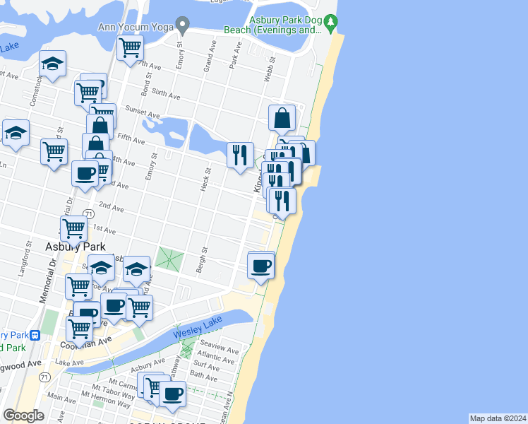 map of restaurants, bars, coffee shops, grocery stores, and more near in Asbury Park