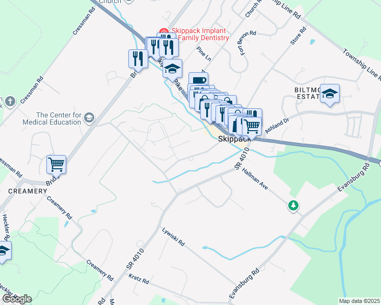 map of restaurants, bars, coffee shops, grocery stores, and more near 3941 Seneca Court in Skippack