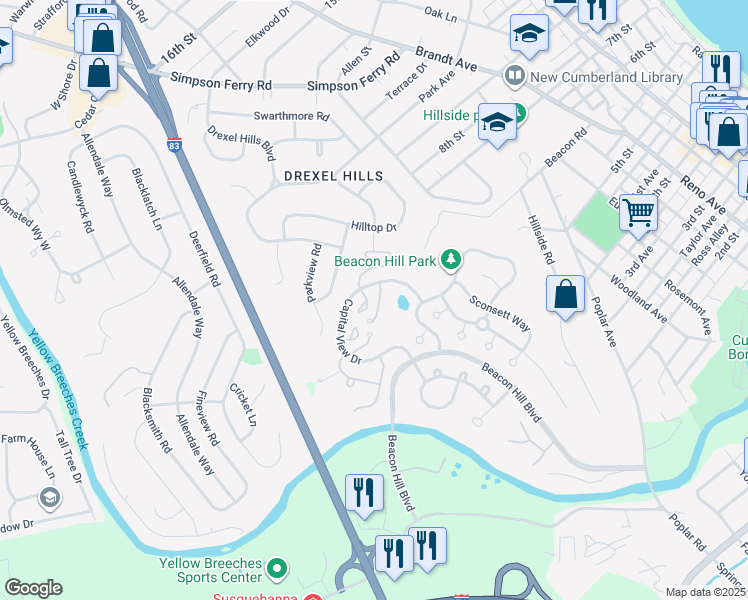 map of restaurants, bars, coffee shops, grocery stores, and more near 1700 Josiah Chowning Way in New Cumberland