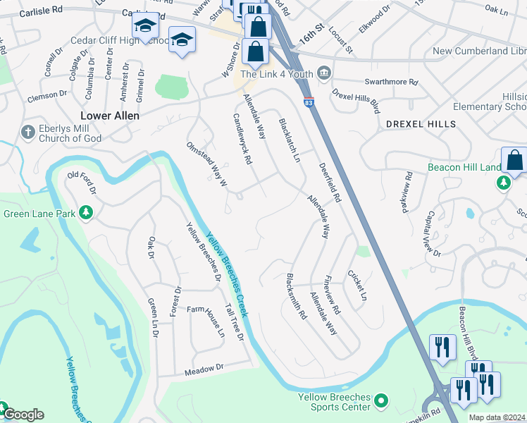 map of restaurants, bars, coffee shops, grocery stores, and more near 400 Candlewyck Road in Camp Hill