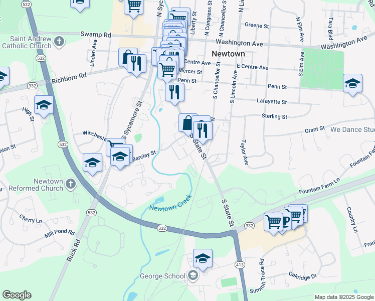 map of restaurants, bars, coffee shops, grocery stores, and more near 440 South State Street in Newtown