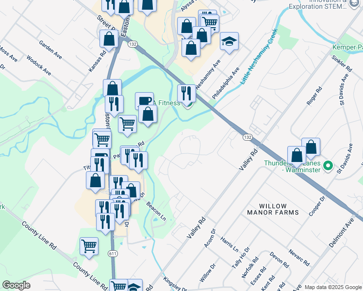 map of restaurants, bars, coffee shops, grocery stores, and more near 171 Basswood Court in Warrington