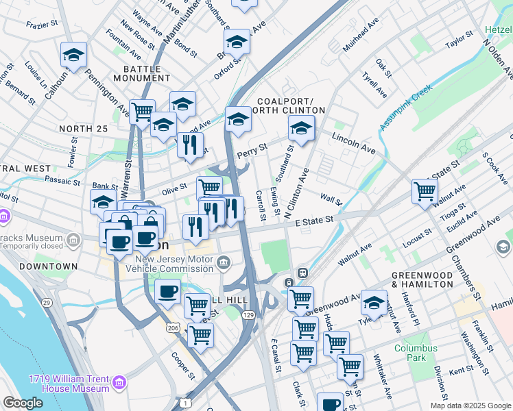 map of restaurants, bars, coffee shops, grocery stores, and more near 31 Carroll Street in Trenton