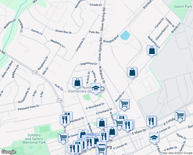 map of restaurants, bars, coffee shops, grocery stores, and more near 25 Patton Road in Mechanicsburg