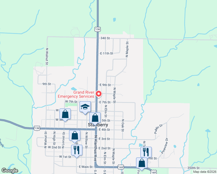 map of restaurants, bars, coffee shops, grocery stores, and more near 1007-1041 North Maple Street in Stanberry