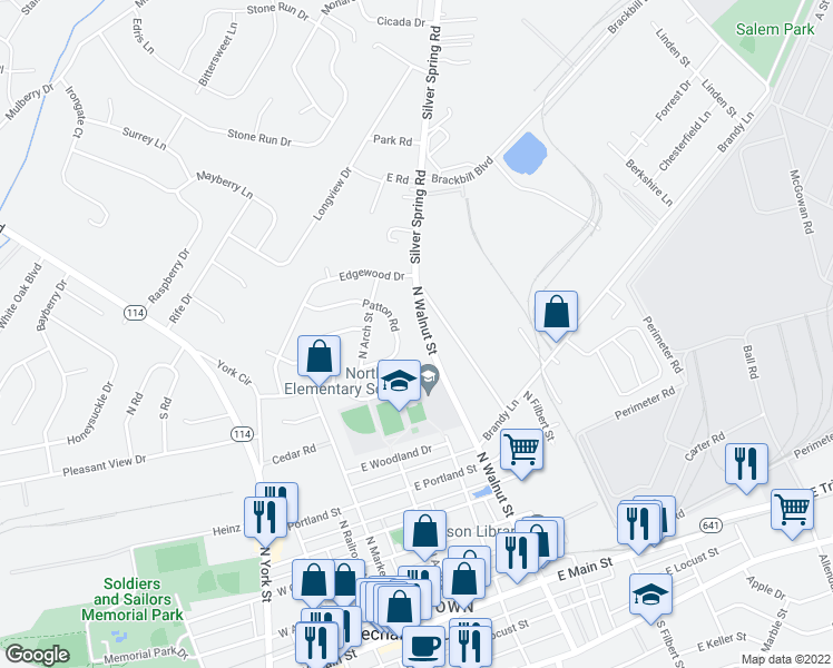 map of restaurants, bars, coffee shops, grocery stores, and more near 819 North Walnut Street in Mechanicsburg