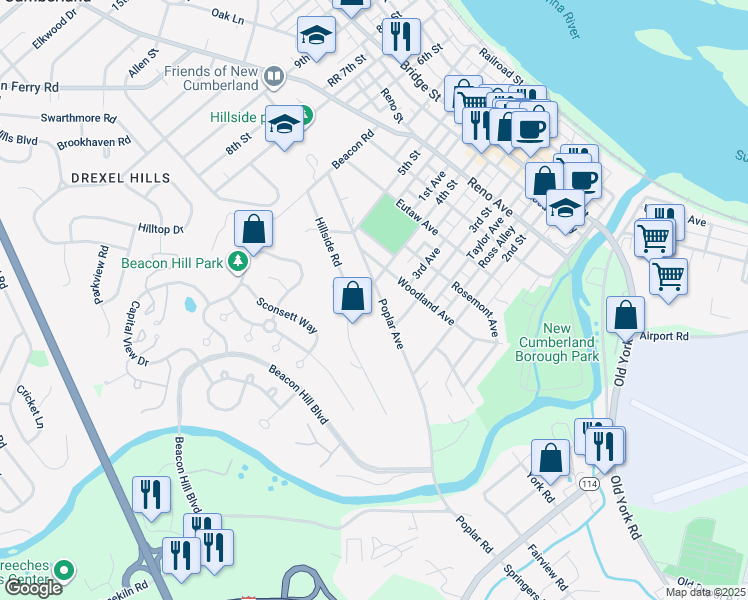 map of restaurants, bars, coffee shops, grocery stores, and more near 316 Poplar Avenue in New Cumberland