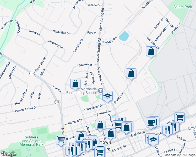 map of restaurants, bars, coffee shops, grocery stores, and more near 819 North Walnut Street in Mechanicsburg