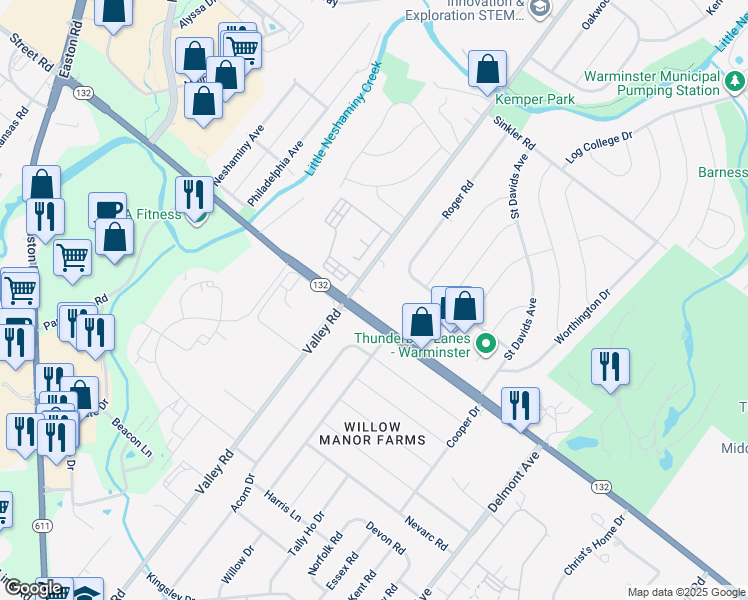 map of restaurants, bars, coffee shops, grocery stores, and more near 1575 West Street Road in Warminster