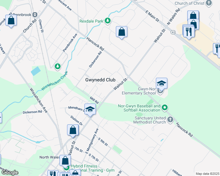 map of restaurants, bars, coffee shops, grocery stores, and more near 6 Delancy Court in North Wales