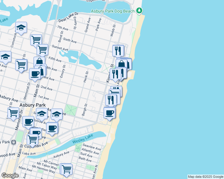 map of restaurants, bars, coffee shops, grocery stores, and more near in Asbury Park
