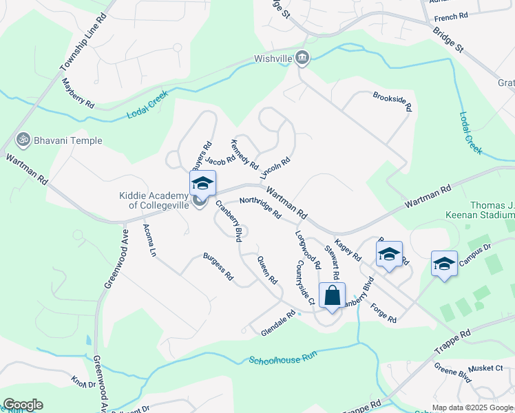 map of restaurants, bars, coffee shops, grocery stores, and more near 519 Northridge Road in Collegeville