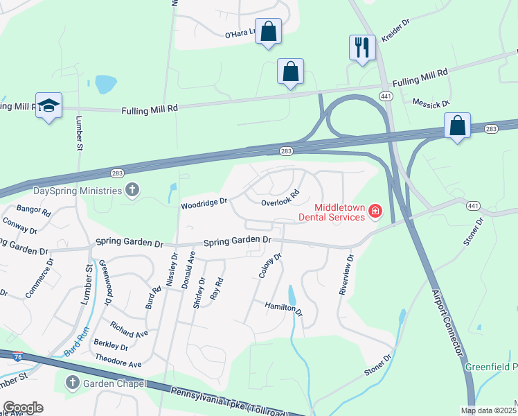 map of restaurants, bars, coffee shops, grocery stores, and more near 1345 Overlook Road in Middletown
