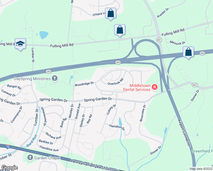 map of restaurants, bars, coffee shops, grocery stores, and more near 1345 Overlook Road in Middletown