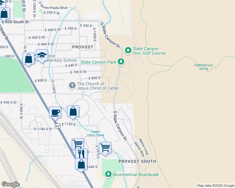 map of restaurants, bars, coffee shops, grocery stores, and more near 908 South Aspen Place in Provo