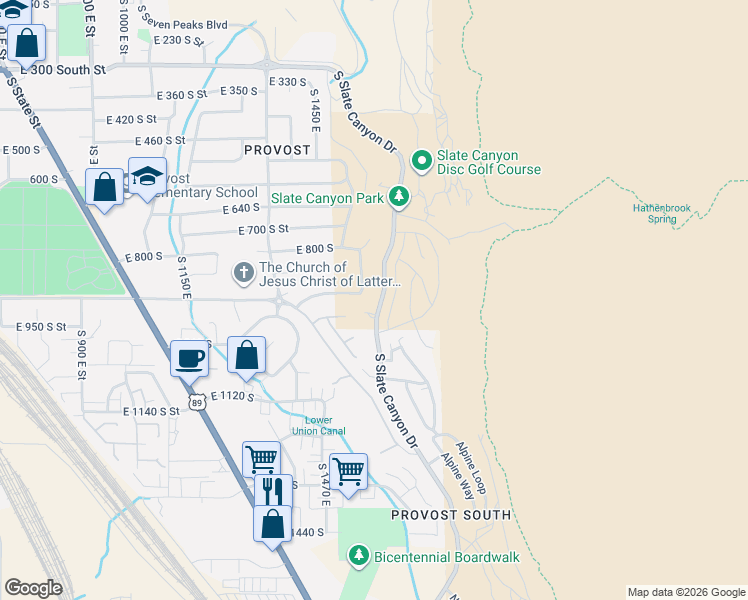 map of restaurants, bars, coffee shops, grocery stores, and more near 908 South Aspen Place in Provo