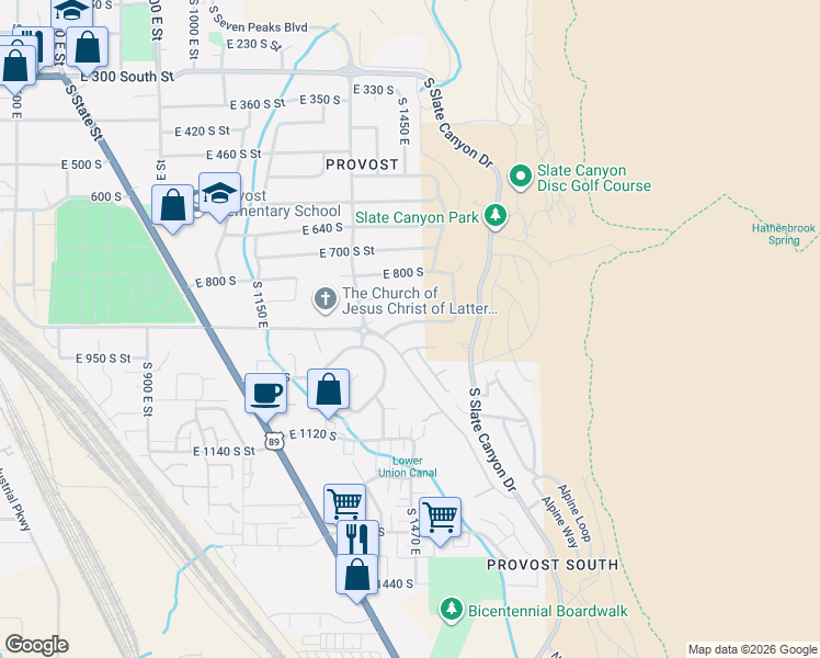 map of restaurants, bars, coffee shops, grocery stores, and more near 1435 East 920 South Street in Provo