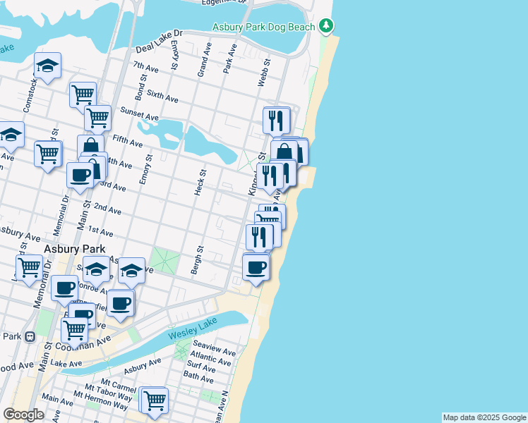 map of restaurants, bars, coffee shops, grocery stores, and more near 1101 Ocean Avenue in Asbury Park