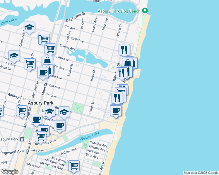 map of restaurants, bars, coffee shops, grocery stores, and more near in Asbury Park