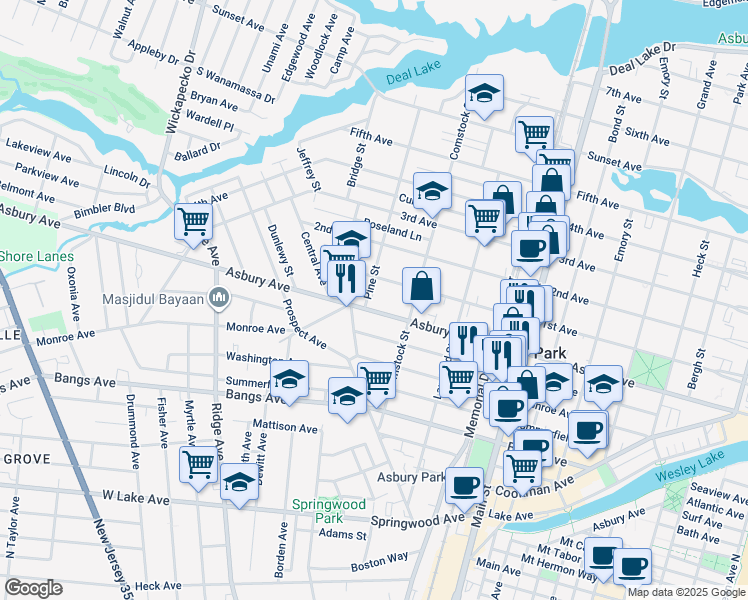 map of restaurants, bars, coffee shops, grocery stores, and more near 1120 1st Avenue in Asbury Park