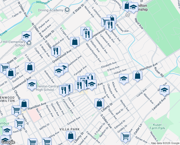 map of restaurants, bars, coffee shops, grocery stores, and more near 425 South Logan Avenue in Trenton