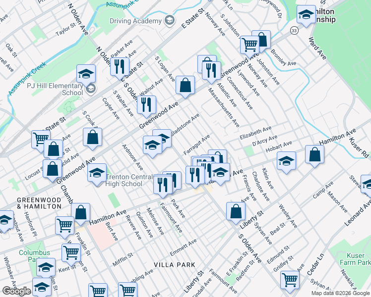 map of restaurants, bars, coffee shops, grocery stores, and more near 339 Garfield Avenue in Trenton