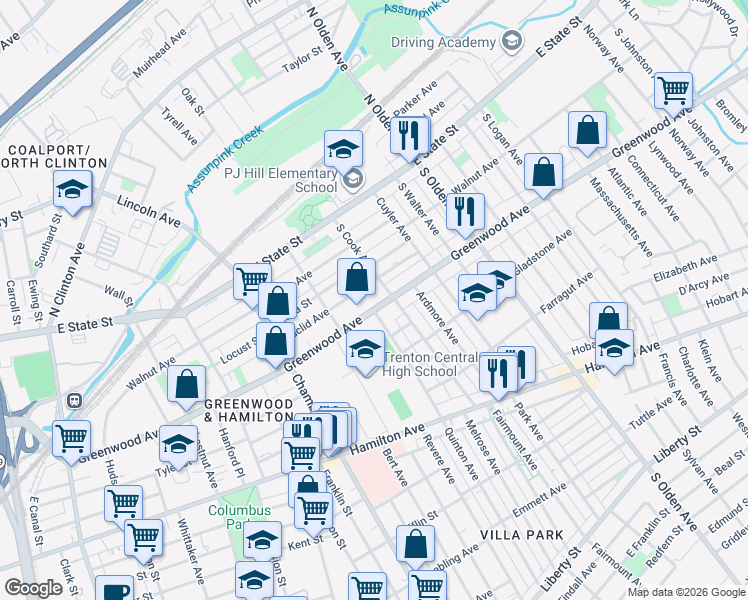 map of restaurants, bars, coffee shops, grocery stores, and more near 342 Euclid Avenue in Trenton