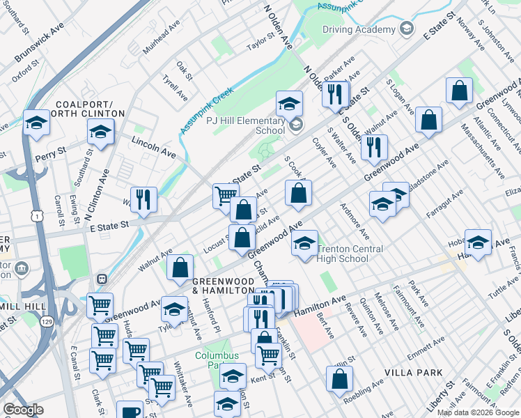 map of restaurants, bars, coffee shops, grocery stores, and more near 263 Walnut Avenue in Trenton