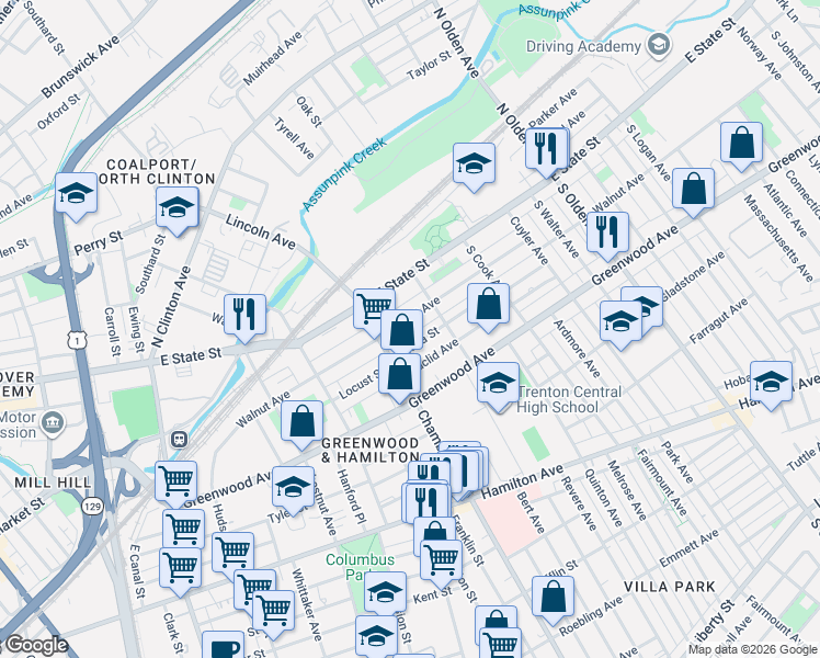 map of restaurants, bars, coffee shops, grocery stores, and more near 263 Walnut Avenue in Trenton