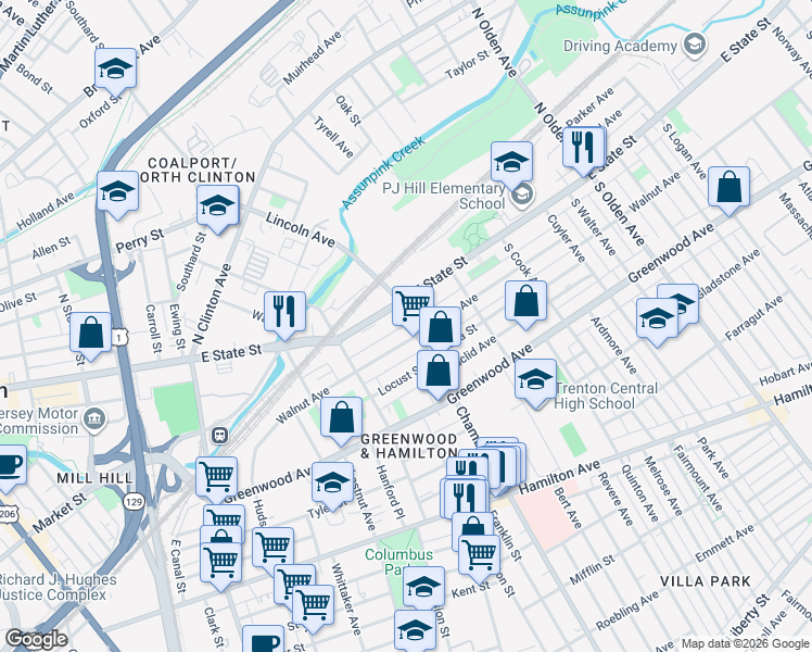 map of restaurants, bars, coffee shops, grocery stores, and more near 114 Furman Street in Trenton