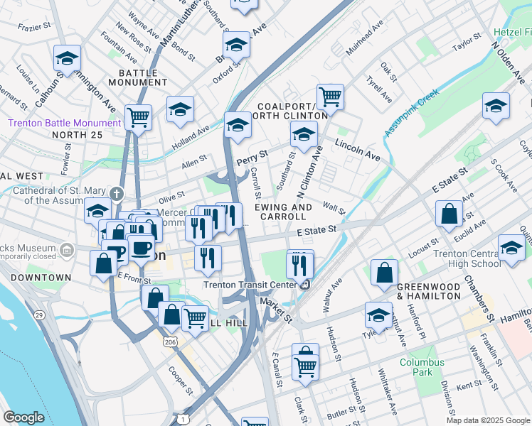 map of restaurants, bars, coffee shops, grocery stores, and more near 48 Carroll Street in Trenton