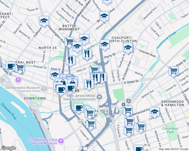 map of restaurants, bars, coffee shops, grocery stores, and more near 54 North Stockton Street in Trenton