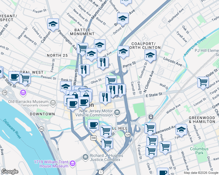 map of restaurants, bars, coffee shops, grocery stores, and more near 54 North Stockton Street in Trenton