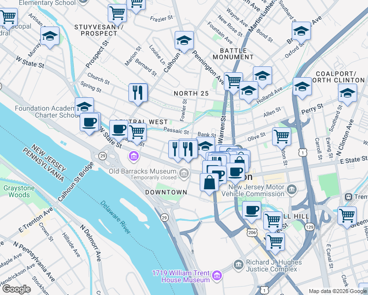 map of restaurants, bars, coffee shops, grocery stores, and more near 33 Wilkinson Place in Trenton