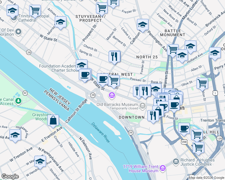 map of restaurants, bars, coffee shops, grocery stores, and more near 225 Capitol Street in Trenton