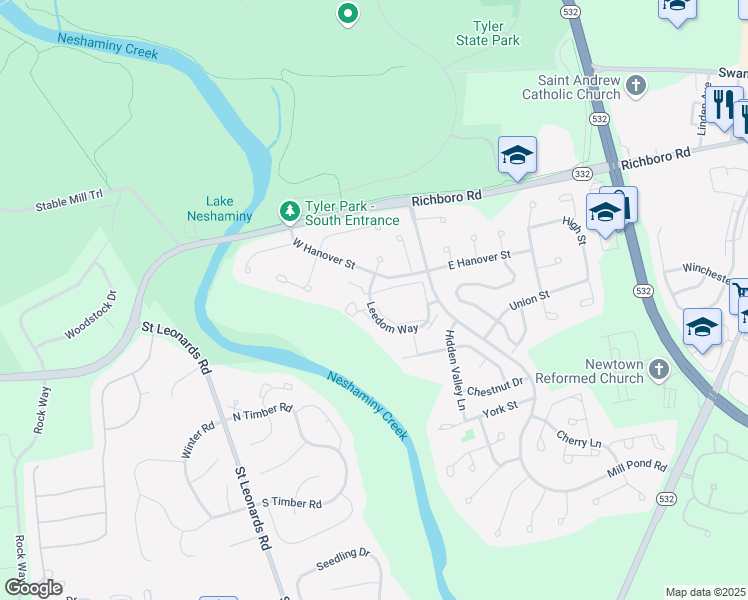 map of restaurants, bars, coffee shops, grocery stores, and more near 330 Leedom Way in Newtown