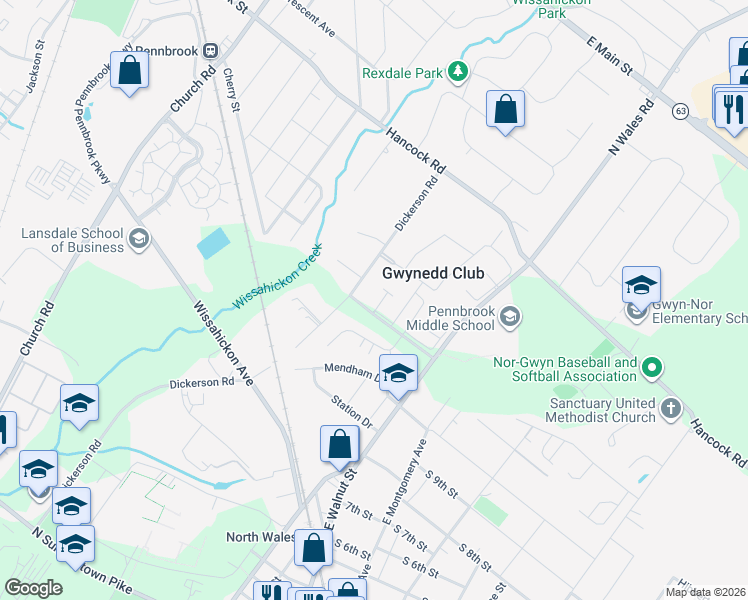map of restaurants, bars, coffee shops, grocery stores, and more near 16 Kerwick Court in North Wales