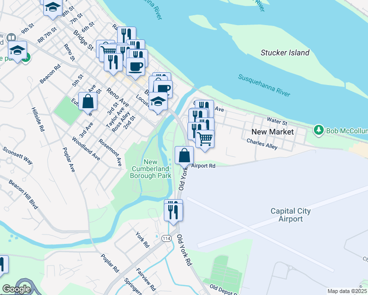 map of restaurants, bars, coffee shops, grocery stores, and more near 107 Old York Road in New Cumberland